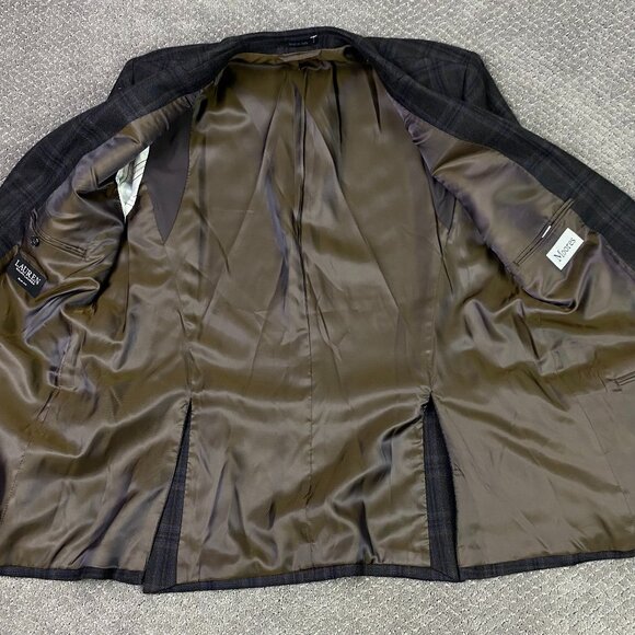 Lauren Ralph Lauren Wool Blazer Sport Coat Men's 44L Brown Blue Windowpane Plaid - Picture 6 of 15